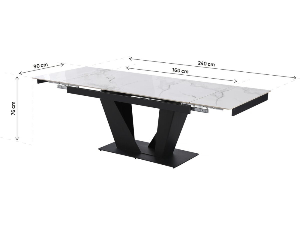 Table à manger extensible en céramique - 160/240 cm - 6 à 10 personnes "Nova" - Blanc marbré gris