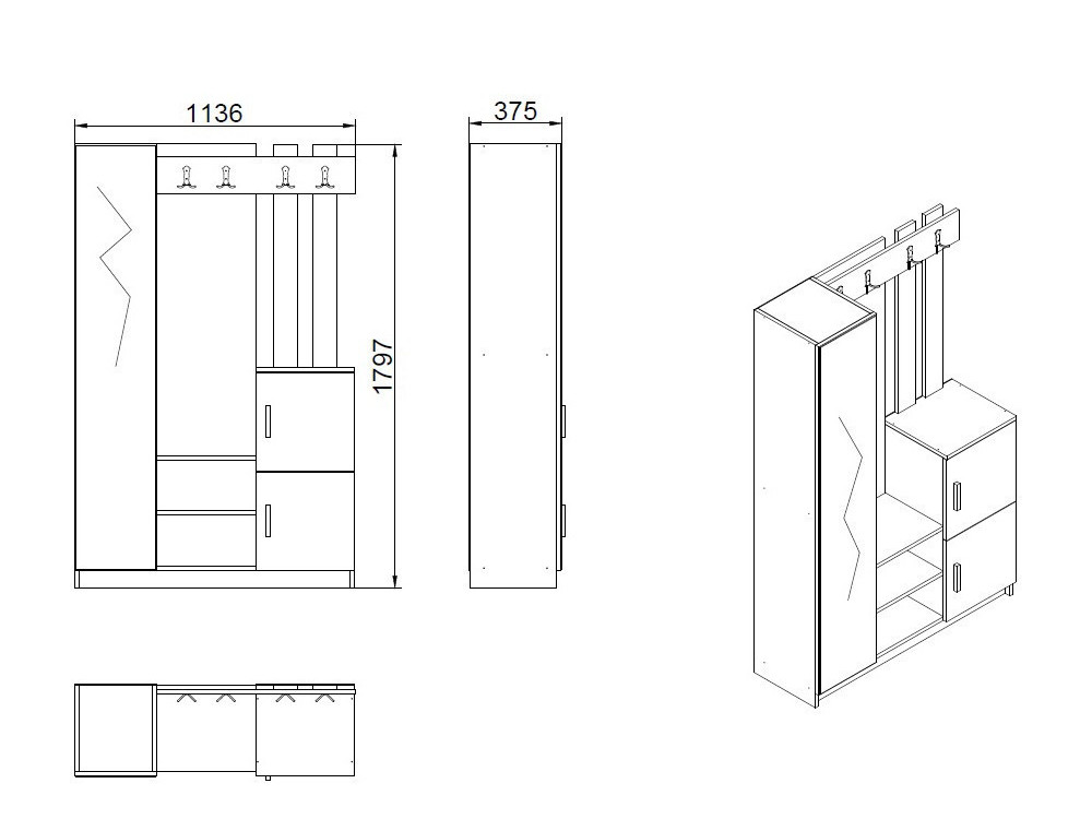 Meuble d'entrée en bois "DD7" - 113 x 37 x 179 cm - Blanc