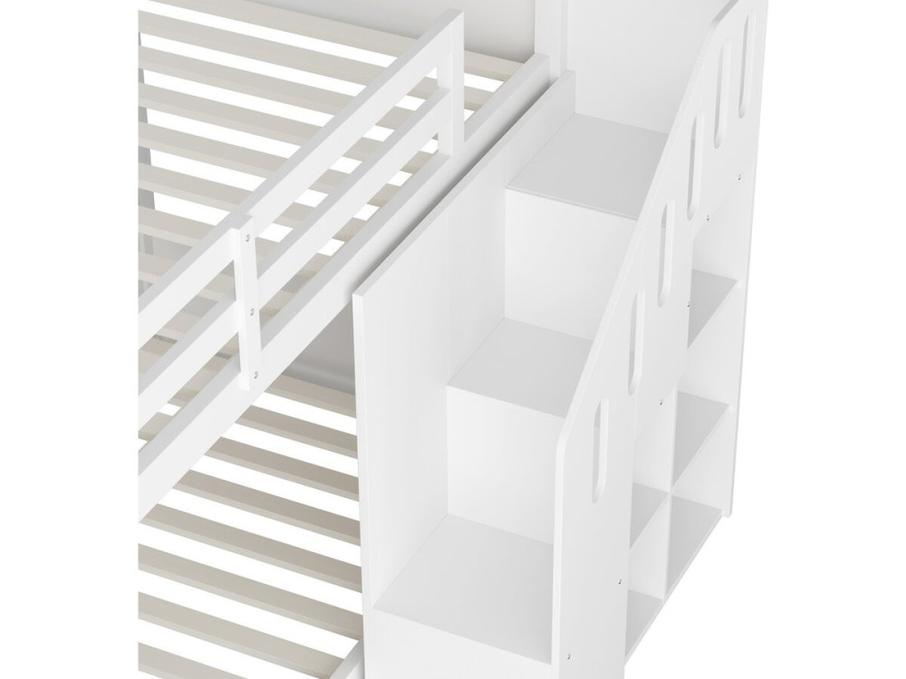 Lit superposé en bois avec escalier et rangements "Léana" - 90 x 190 cm - Blanc