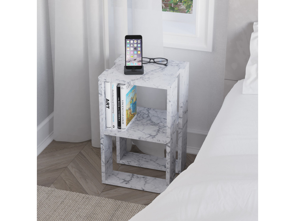 Table de chevet en bois "Lonie" 30 x 30 x 55 cm - Marbre de Carrare