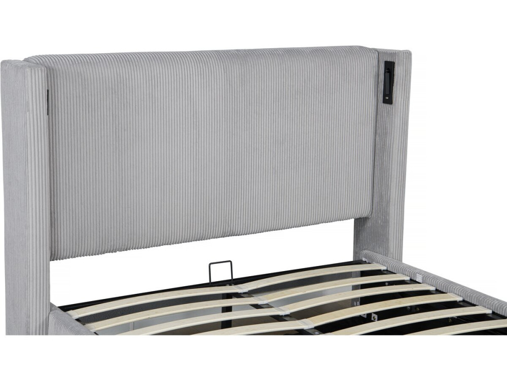 Lit double en velours côtelé avec coffre et lampe intégré "Cortina" - 160 x 200 cm - Gris