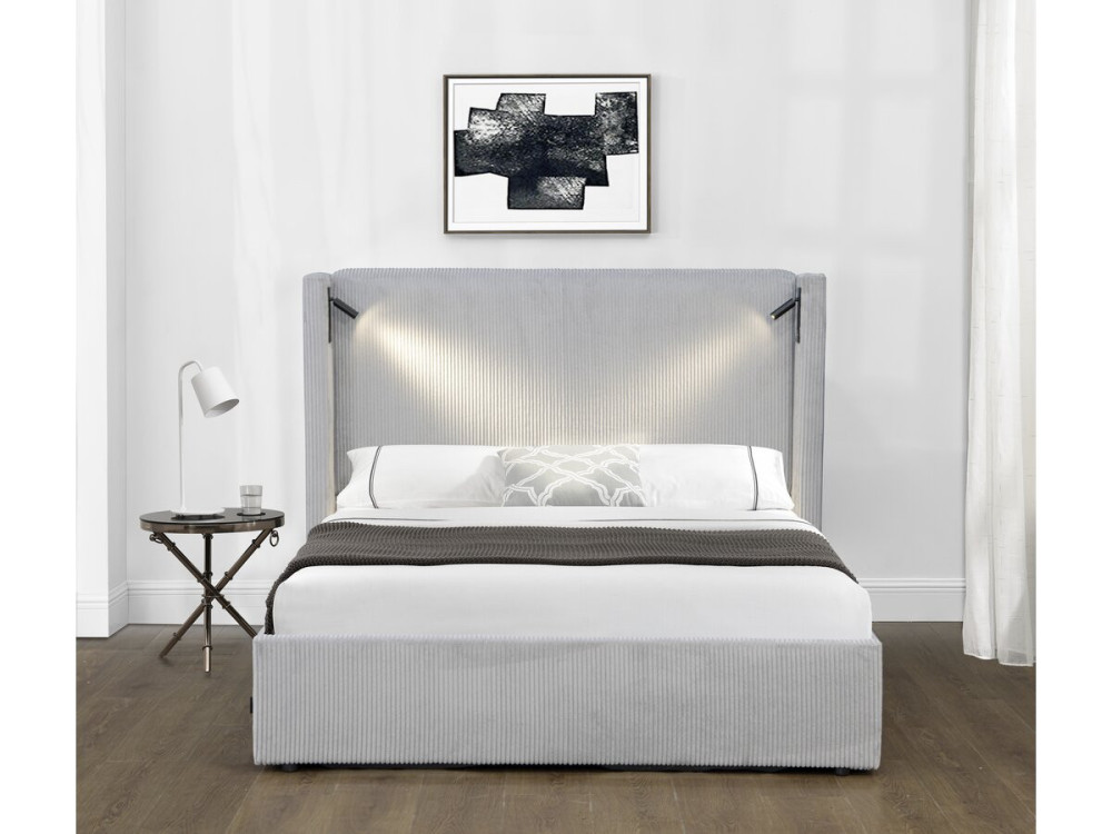 Lit double en velours côtelé avec coffre et lampe intégré "Cortina" - 160 x 200 cm - Gris