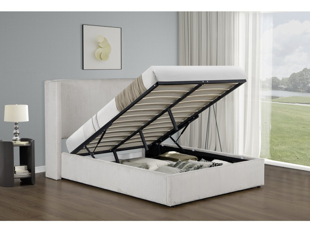 Lit double en velours côtelé avec coffre et lampe intégré "Cortina" - 140 x 190 cm-  Beige