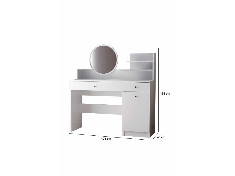 Coiffeuse avec miroir rond en bois "Harmony Round" - 124 x 40 x 135 cm - Blanc