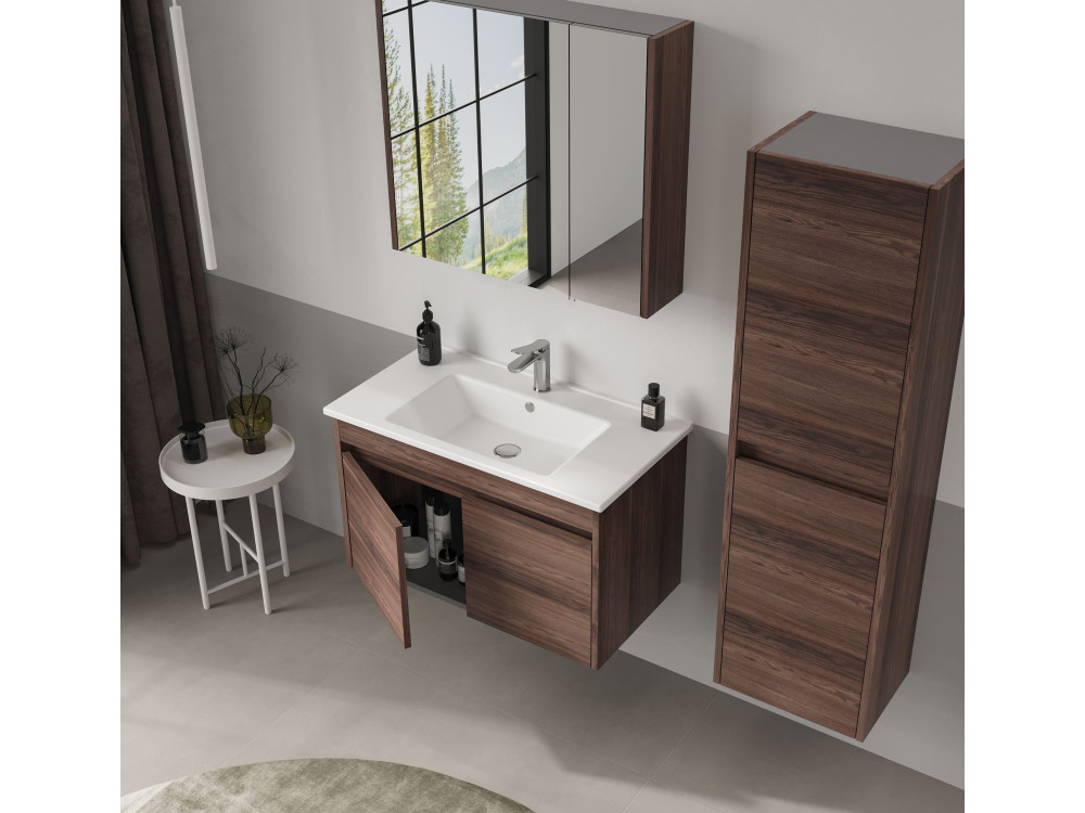 Meuble Salle de Bain avec Miroir "Side 80" - 79 x 16 x 66 cm - Dark Walnut