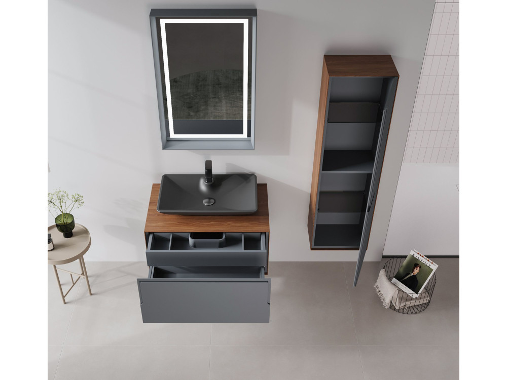 Ensemble Meuble Vasque avec Miroir (2 Pièces) "Craft 80" - 60 x 50 x 40 cm - Walnut / Anthracite