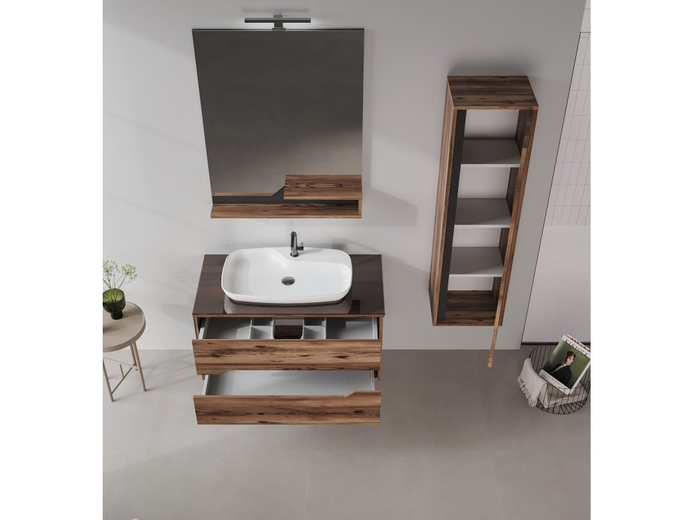 Ensemble Meuble Vasque avec Miroir (2 Pièces) "Galia 100 v2" - 100 x 50 x 50 cm - Walnut