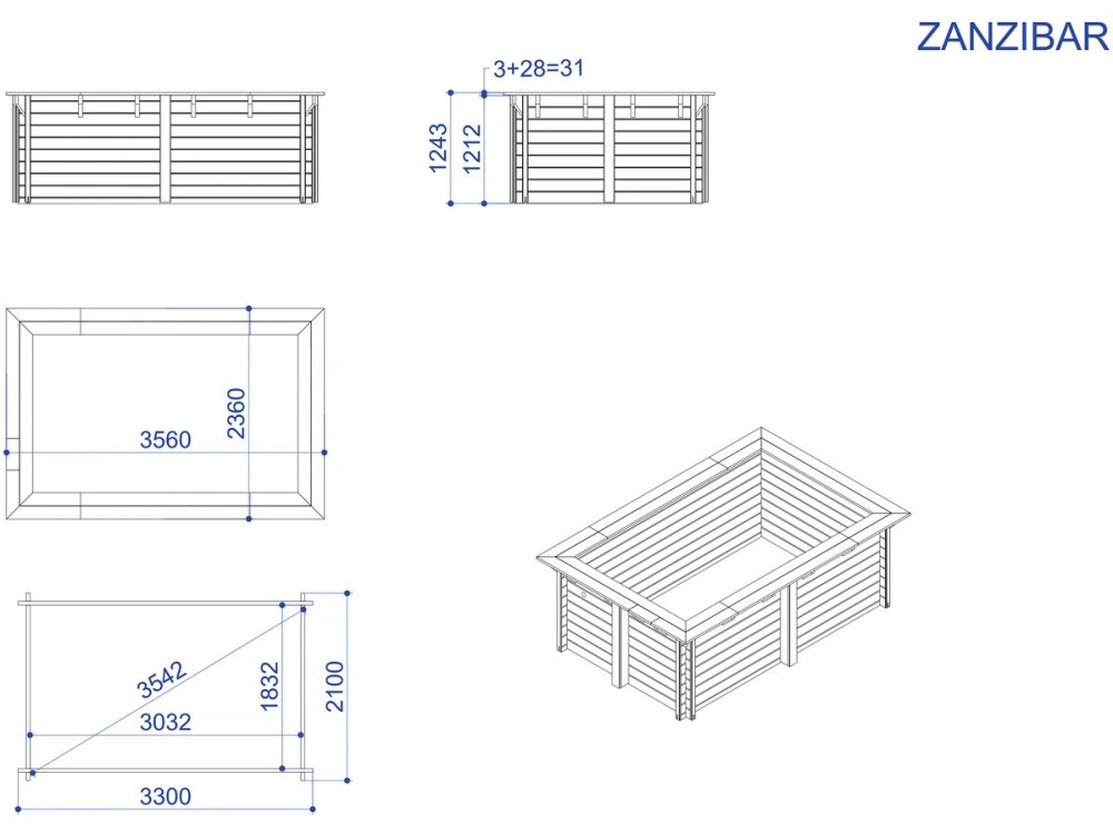 Piscine bois rectangle " Zanzibar "- 3,50 x 2,30 x 1,24  m