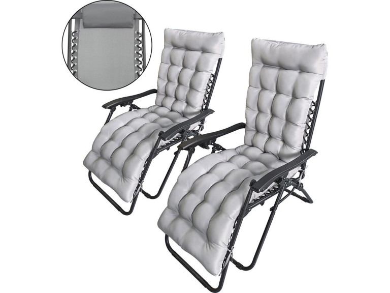 Lot de 2 fauteuils de jardin inclinable zéro gravité avec coussin matelassé "Sintra" - Gris