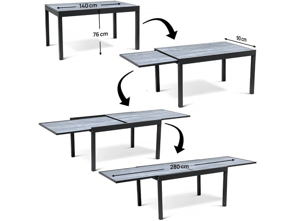 Table de jardin en aluminium extensible "Lagos" - 140/280 x 90 x 76 cm - Gris