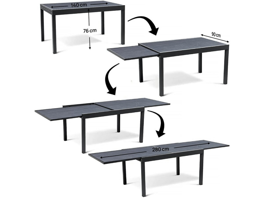 Table de jardin en aluminium extensible "Lagos" - 140/280 x 90 x 76 cm - Noir