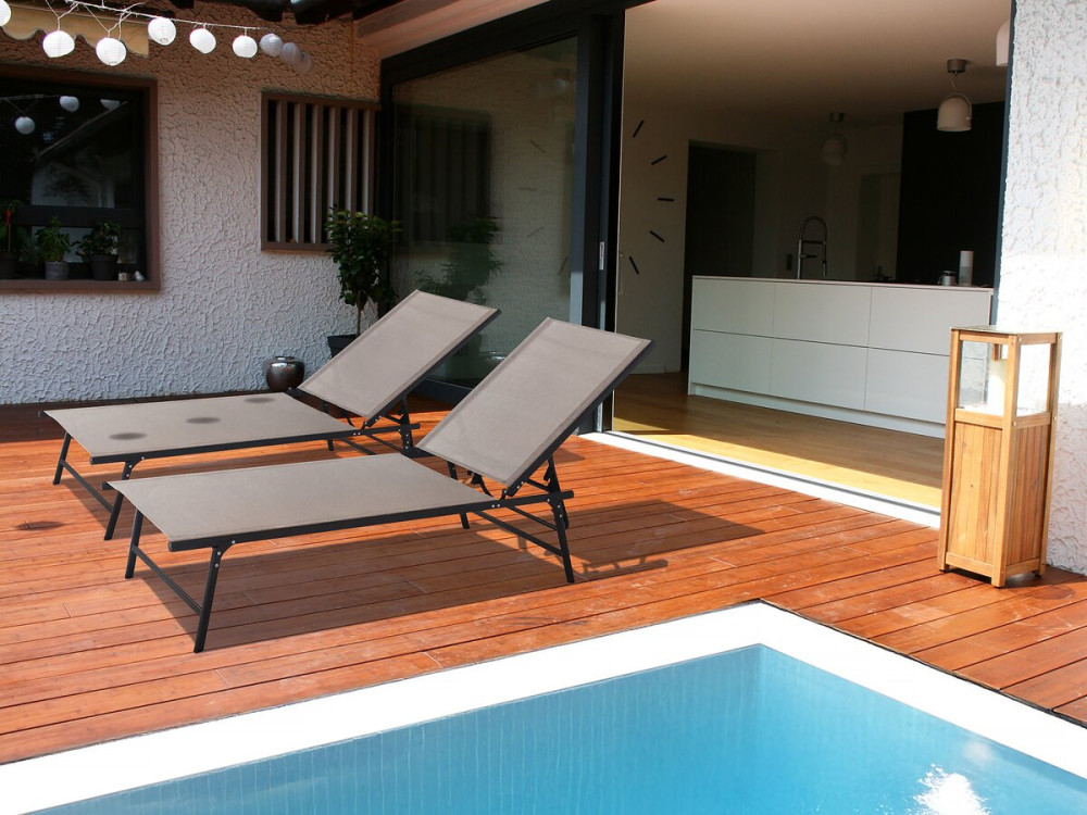 Lot de 2 bains de soleil en métal "Sublima" - 180 x 54 x 104 cm - Taupe
