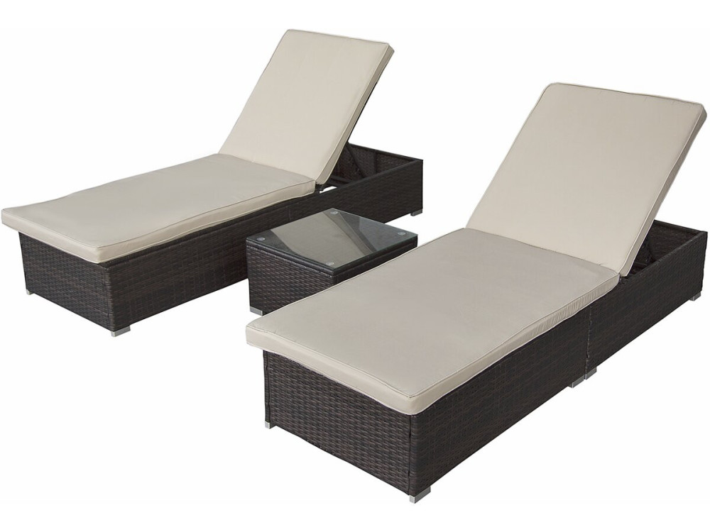 Lot de 2 bains de soleil en résine tressée avec coussins et table basse "Alice" - Marron