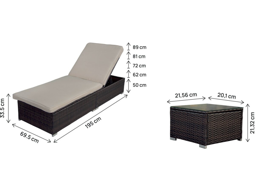 Lot de 2 bains de soleil en résine tressée avec coussins et table basse "Alice" - Marron