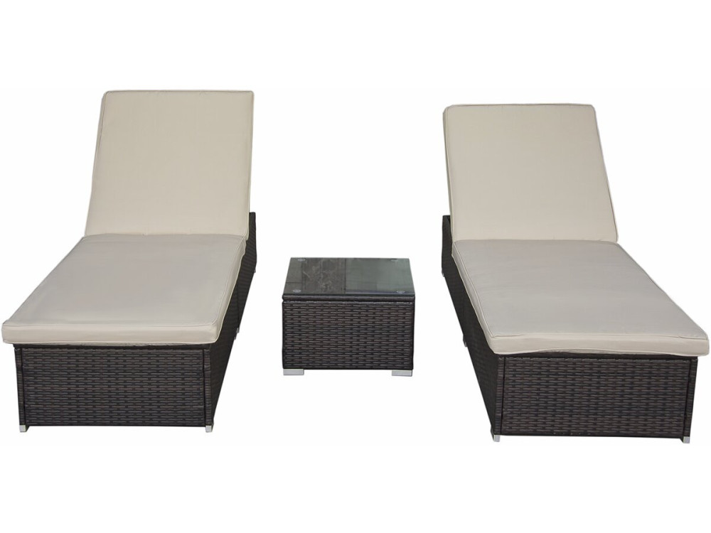 Lot de 2 bains de soleil en résine tressée avec coussins et table basse "Alice" - Marron
