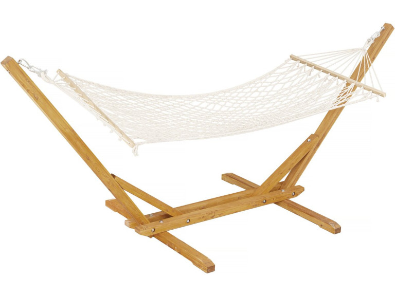 Hamac bois avec toile en macramé "Dallas" - 305 x 120 x 123 cm - Blanc