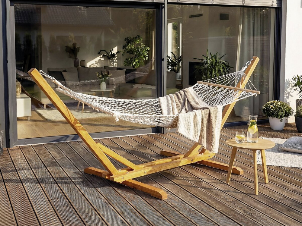 Hamac bois avec toile en macramé "Dallas" - 305 x 120 x 123 cm - Blanc