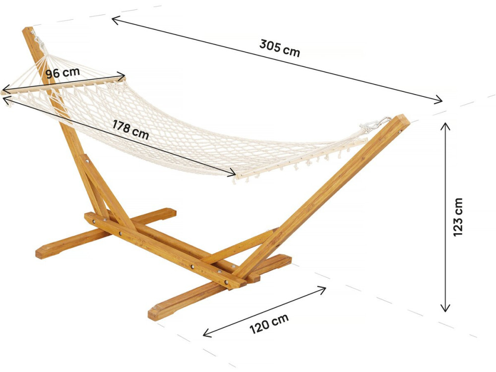 Hamac bois avec toile en macramé "Dallas" - 305 x 120 x 123 cm - Blanc