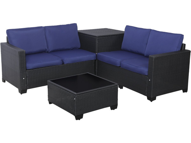 Salon de jardin en résine tressée avec coffre de rangement "Riley" - 4 places - Bleu foncé