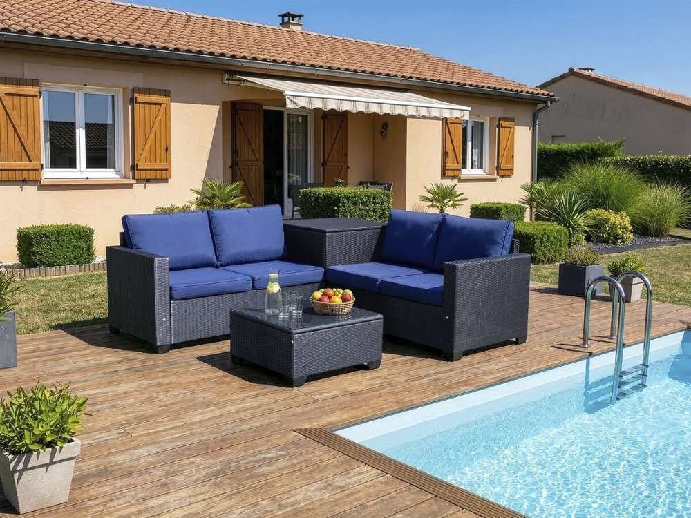Salon de jardin en résine tressée avec coffre de rangement "Riley" - 4 places - Bleu foncé