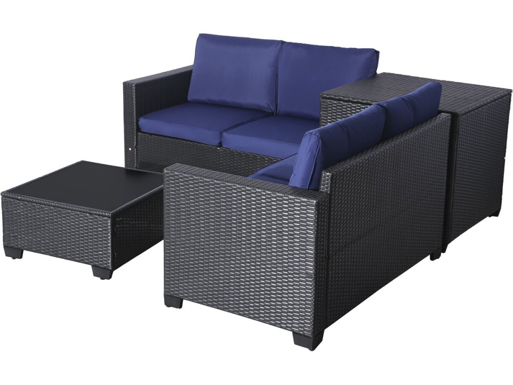 Salon de jardin en résine tressée avec coffre de rangement "Riley" - 4 places - Bleu foncé