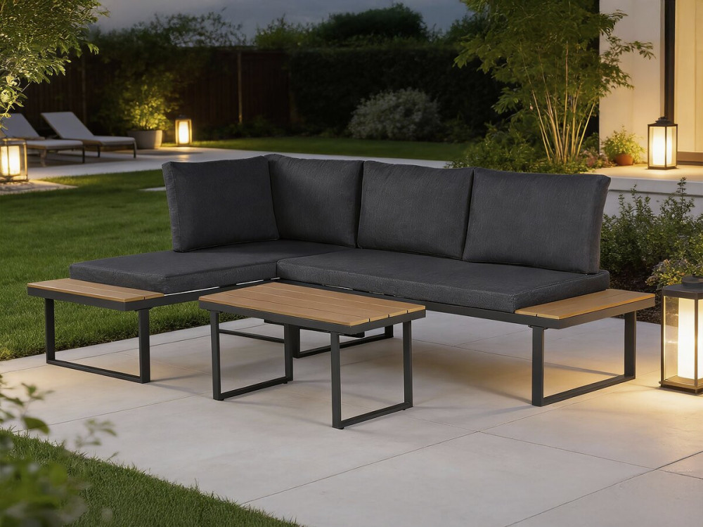 Salon de jardin canapé d'angle décor imitation bois "Liora" - 4 places - Gris