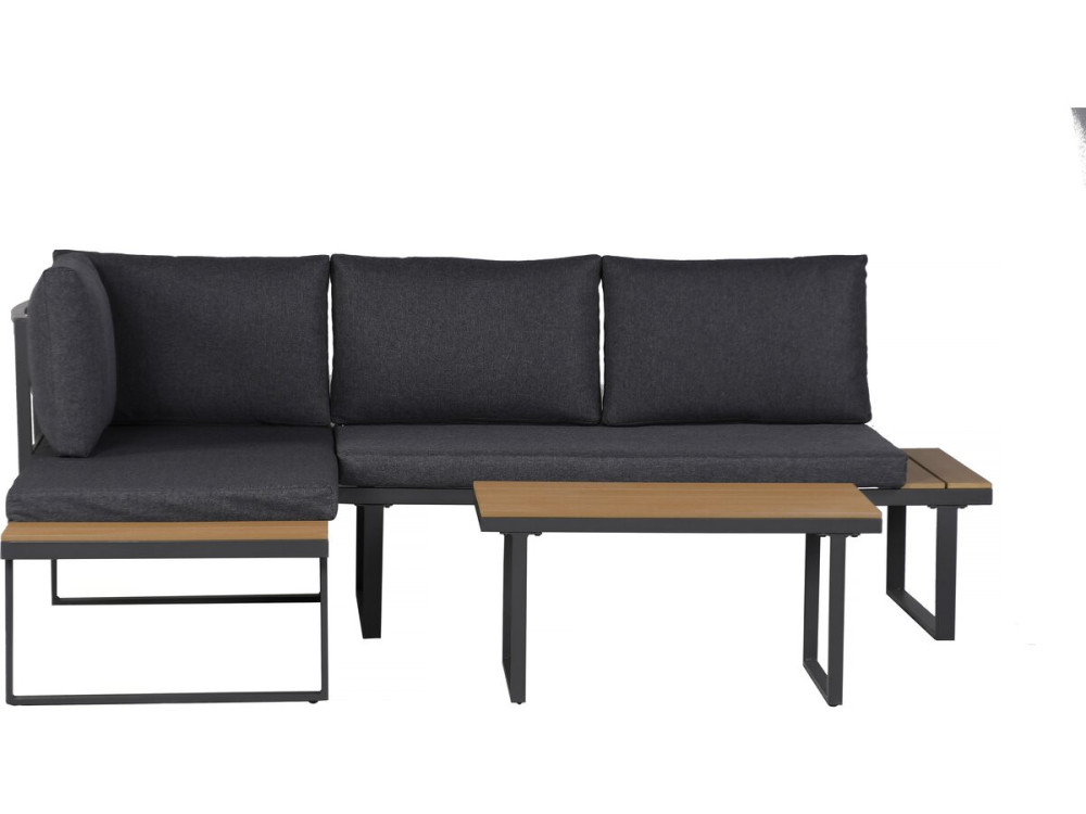 Salon de jardin canapé d'angle décor imitation bois "Liora" - 4 places - Gris
