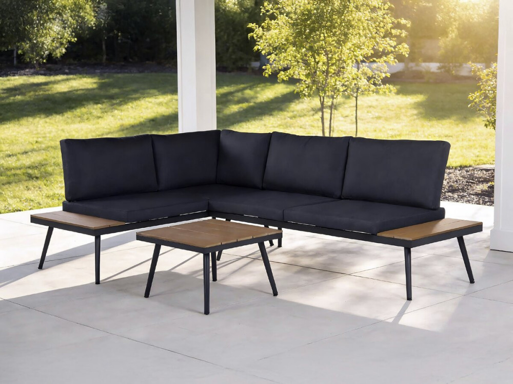 Salon de jardin canapé d'angle décor imitation bois "Mira" - 4 places - Gris