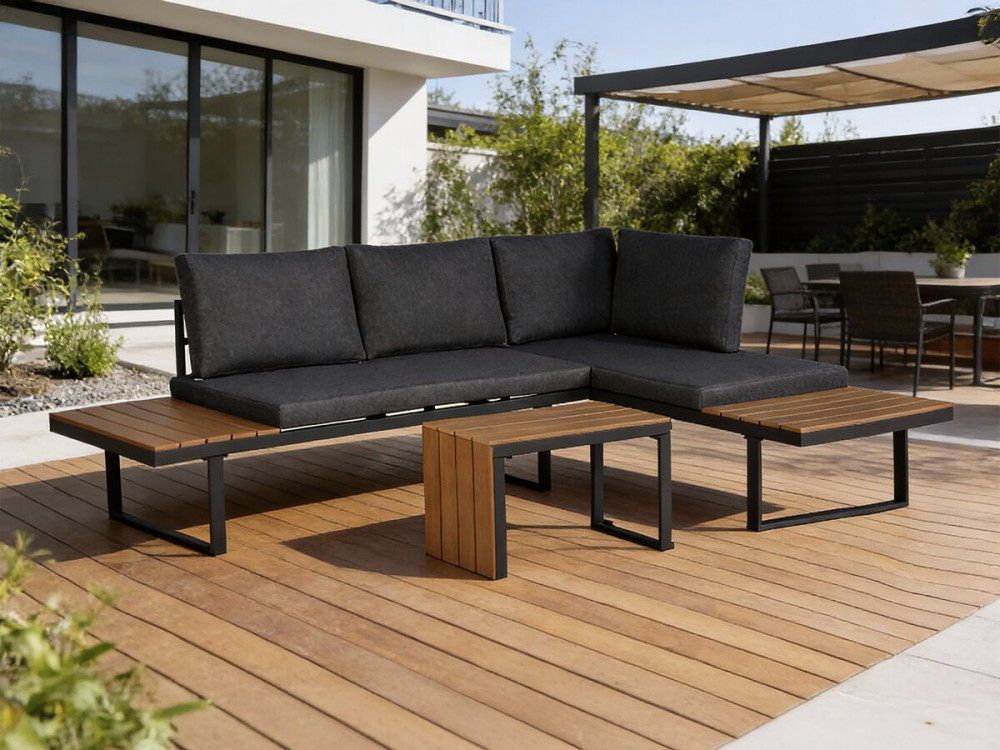 Salon de jardin canapé d'angle modulable décor imitation bois "Sylva" - 4 places - Gris