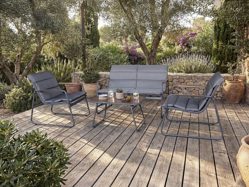 Salon de jardin avec coussins en métal "Bastia" - 4 places - Gris