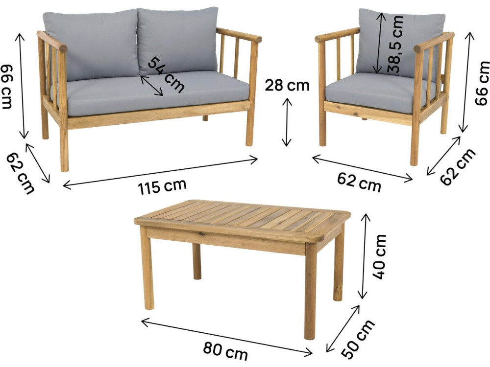 Salon de jardin en bois avec coussins inclus "Milano" - 4 places - Gris