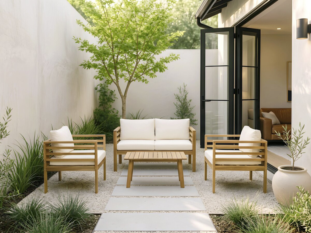 Salon de jardin en bois avec coussins inclus "Beckham" - 4 places - Beige