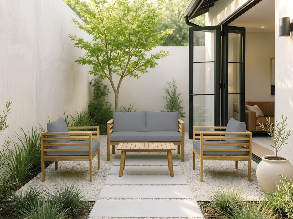 Salon de jardin en bois avec coussins "Beckham" - 4 places - Gris