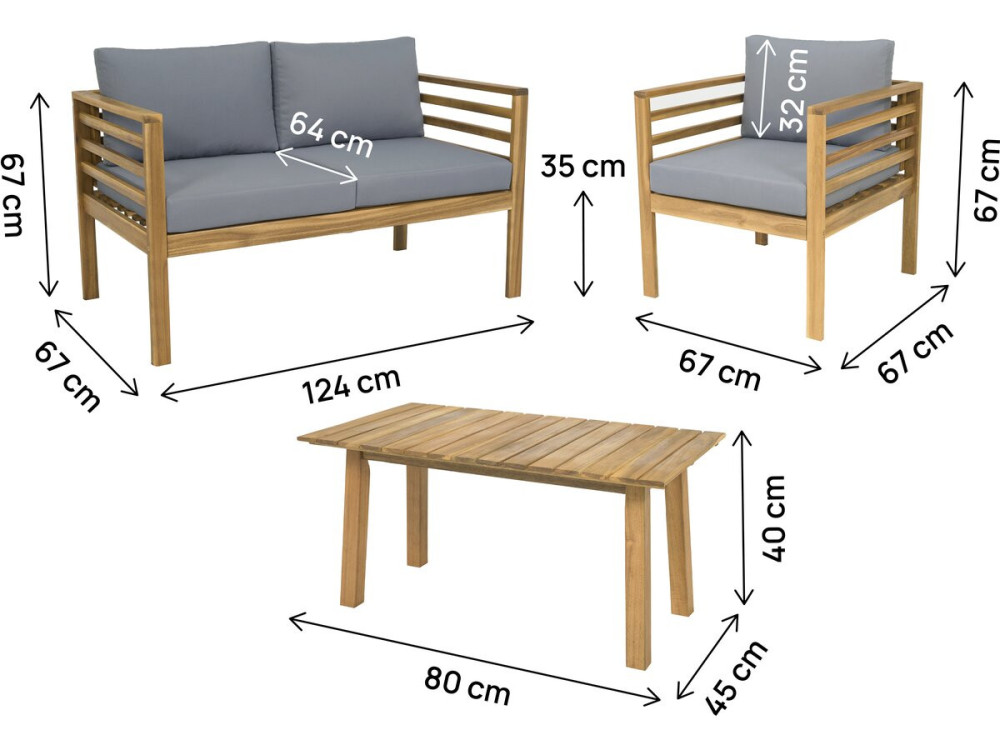 Salon de jardin en bois avec coussins "Beckham" - 4 places - Gris