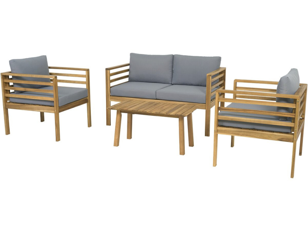 Salon de jardin en bois avec coussins "Beckham" - 4 places - Gris