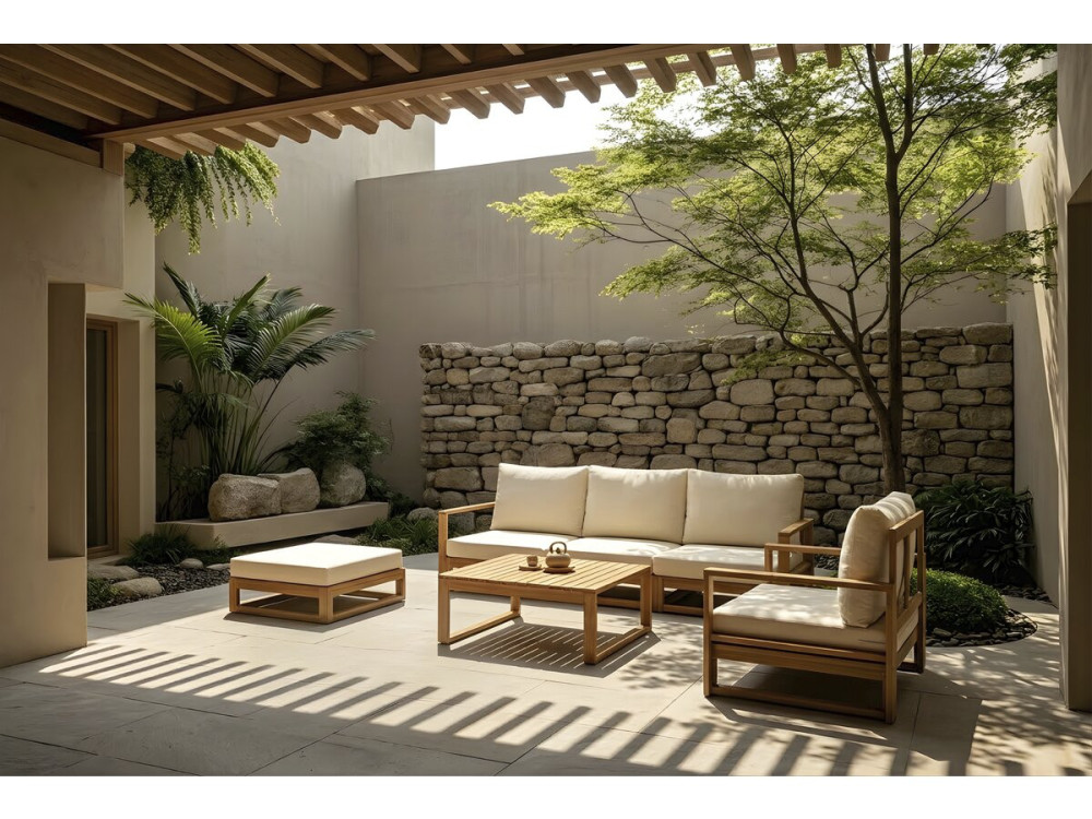 Salon de jardin en bois modulable avec coussins "Bellingham" - 5 places - Beige