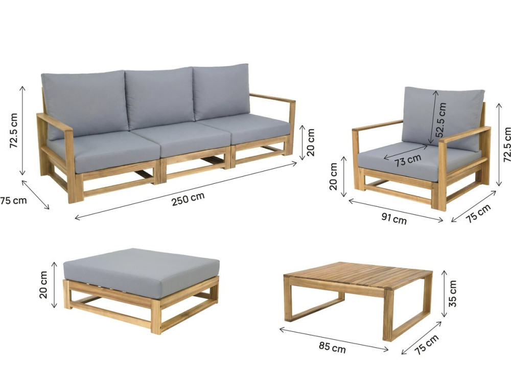 Salon de jardin en bois d'acacia avec coussins "Bellingham" - 5 places - Gris