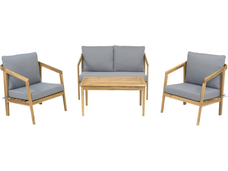 Salon de jardin en bois avec coussins "Presley" - 4 places - Gris