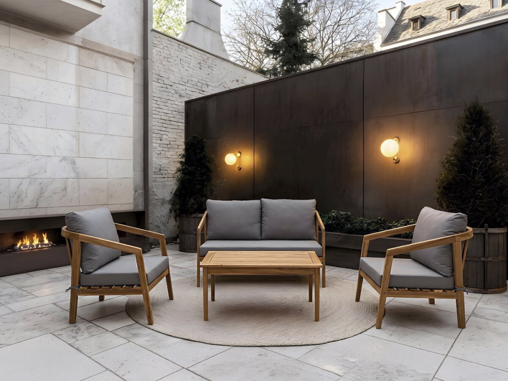 Salon de jardin en bois avec coussins "Presley" - 4 places - Gris