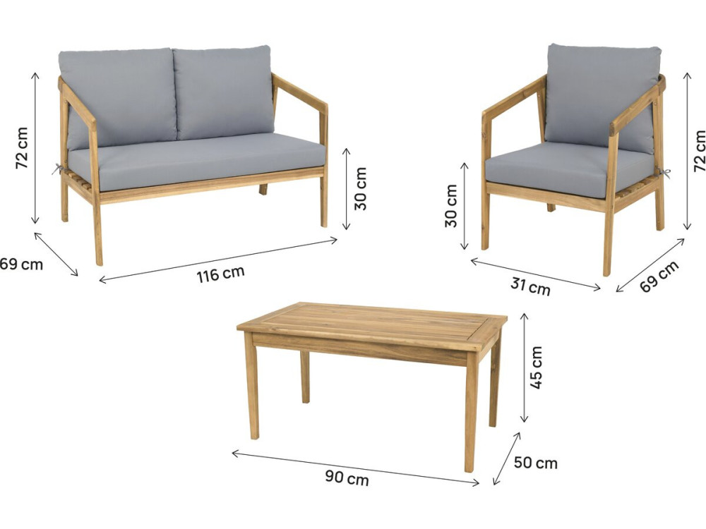 Salon de jardin en bois avec coussins "Presley" - 4 places - Gris