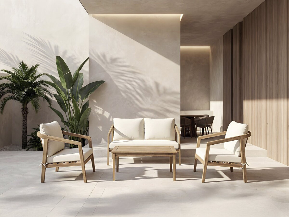 Salon de jardin en bois d'acacia avec coussins "Presley" - 4 places - Beige