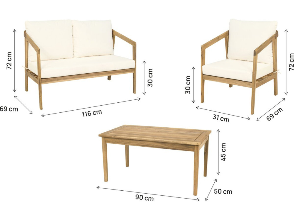 Salon de jardin en bois d'acacia avec coussins "Presley" - 4 places - Beige