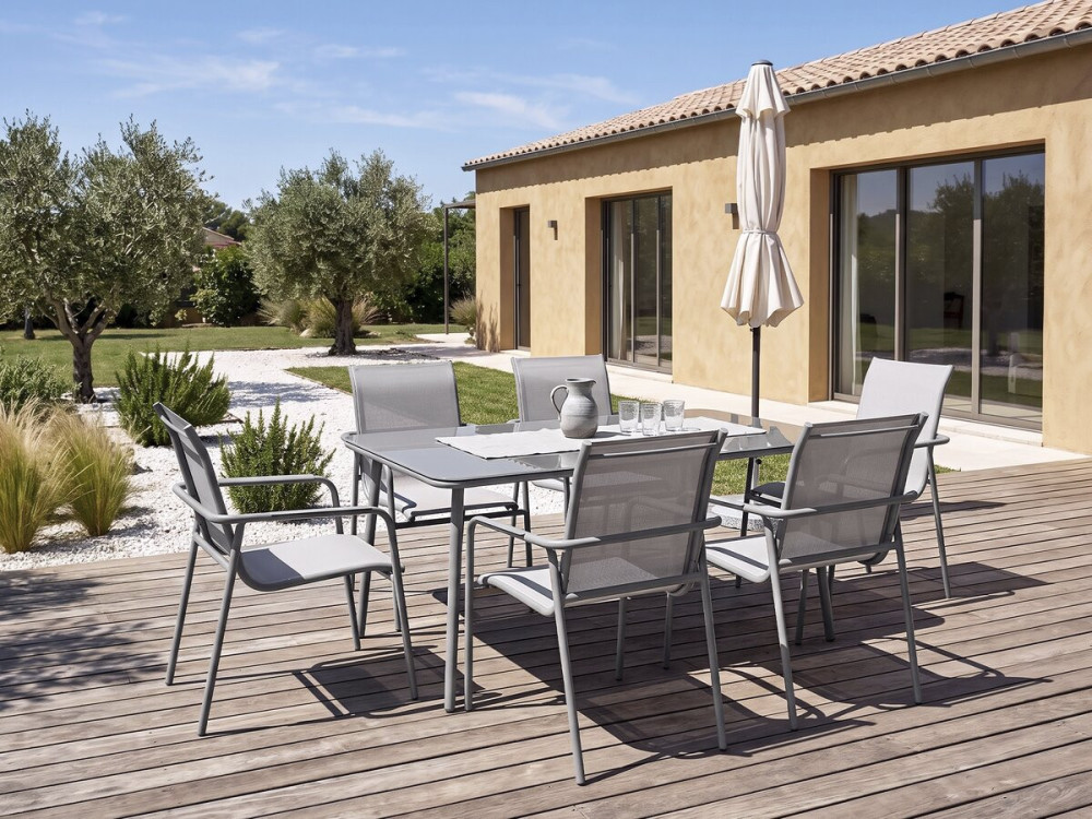 Salon de jardin repas métal "Malaga" - 7 places - Gris