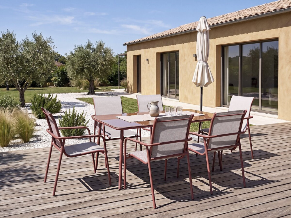 Salon de jardin repas métal "Malaga" - 7 places - Terracotta