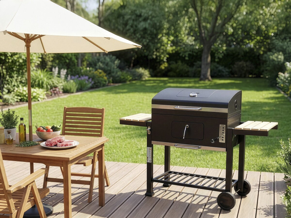 Barbecue charbon avec tablettes latérales et grilles réglables "Marquis" - Noir
