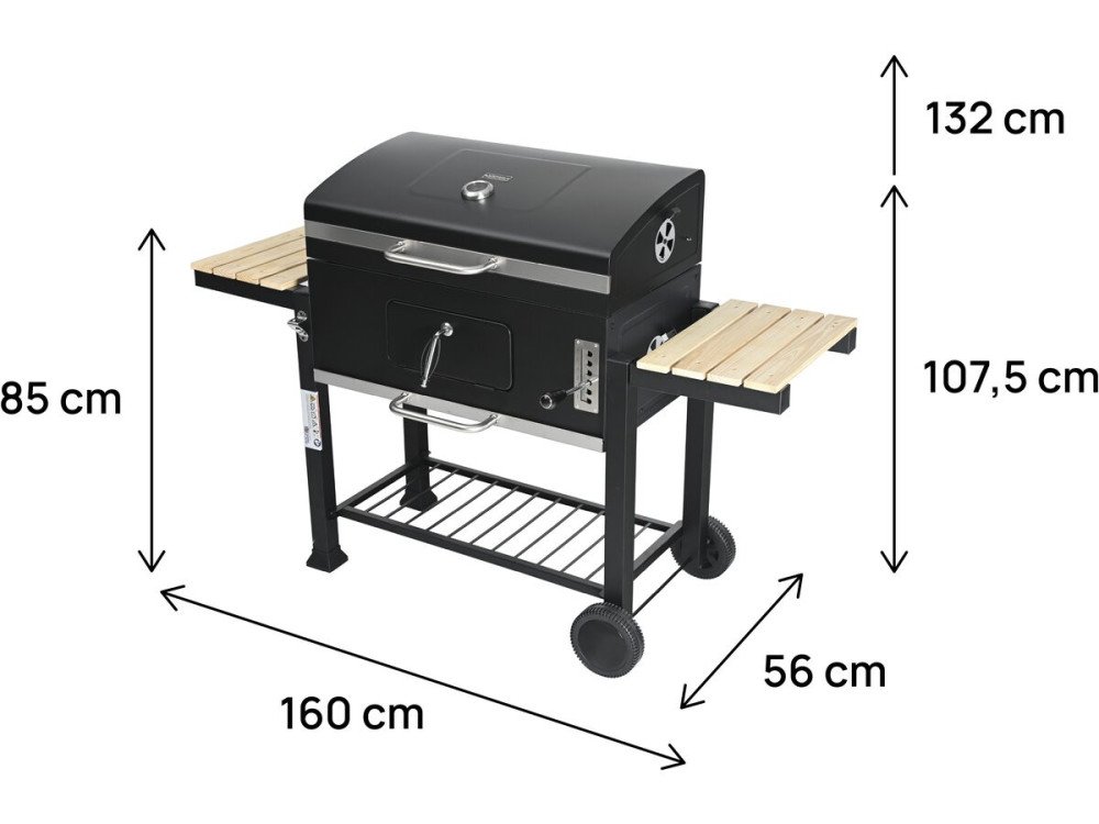 Barbecue charbon avec tablettes latérales et grilles réglables "Marquis" - Noir