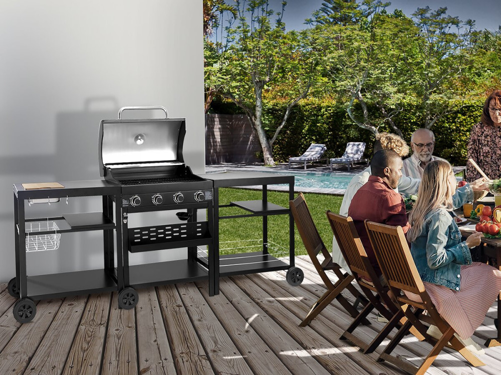 Barbecue à gaz cuisine d'extérieur - 12 kw - 4 brûleurs - Noir