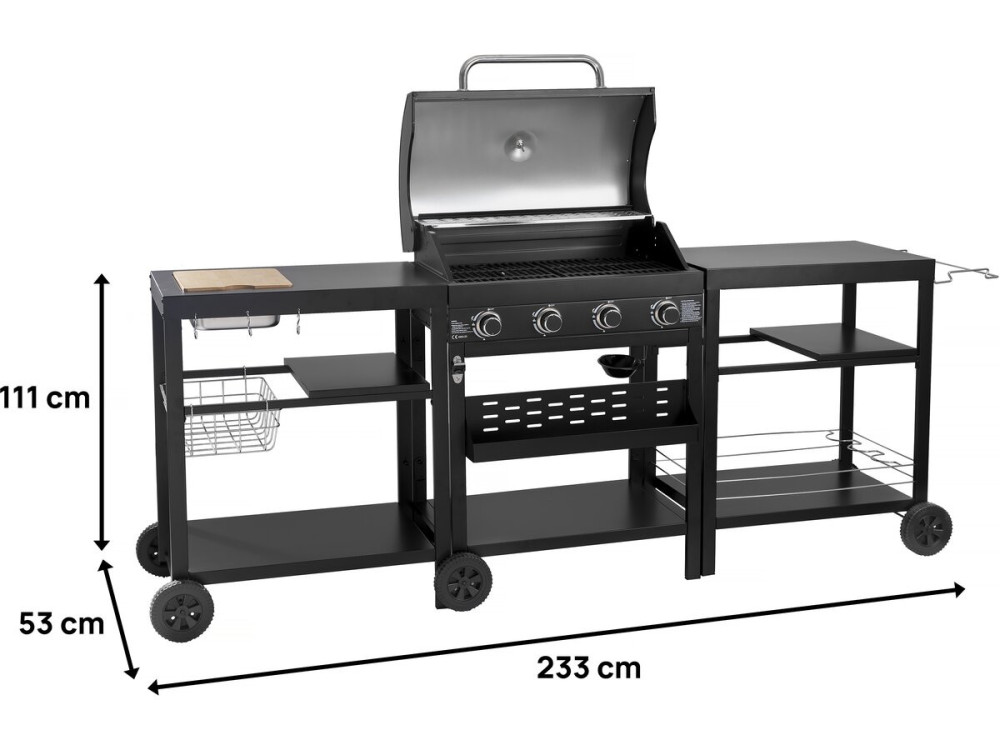 Barbecue à gaz cuisine d'extérieur - 12 kw - 4 brûleurs - Noir