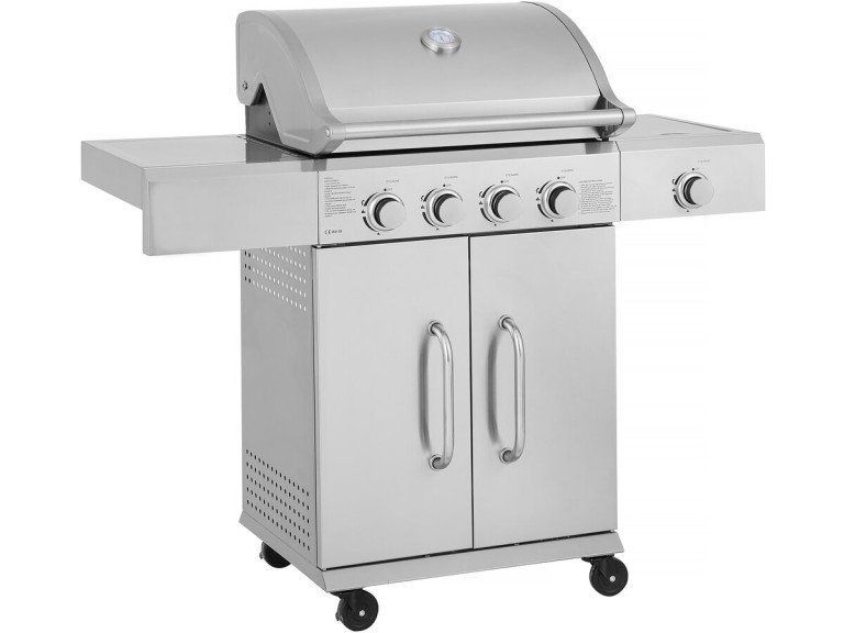 Barbecue gaz en inox avec 5 brûleurs dont 1 latéral "Brazzo" - 118 x 57 x 104 cm - Gris clair