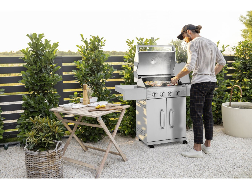Barbecue gaz en inox avec 5 brûleurs dont 1 latéral "Brazzo" - 118 x 57 x 104 cm - Gris clair